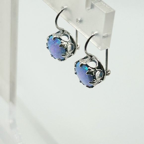 Blue Opal and Sterling Silver Dangle Drop Earrings Hook Closure - Picture 5 of 5
